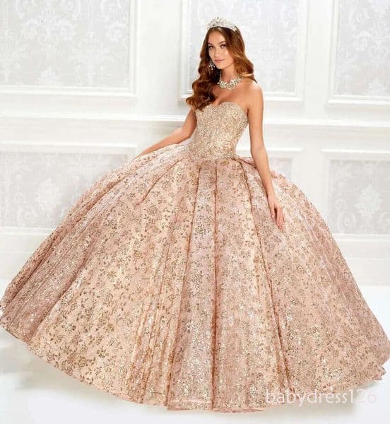 Sequin Ball Gowns: Elegant Rose Gold Quinceanera Dress with Corset Bodice Lace Appliques and Matching Wrap Perfect for Prom Princess Parties