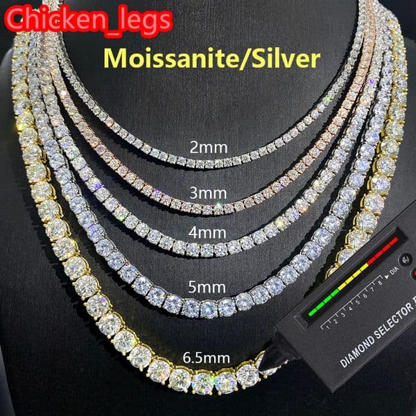 Moissanite Diamond Tennis Chain Necklace VVS 925 Sterling Silver Women Hip Hop Iced Out D Color White 2MM 3MM 4MM 5MM 6MM 65MM