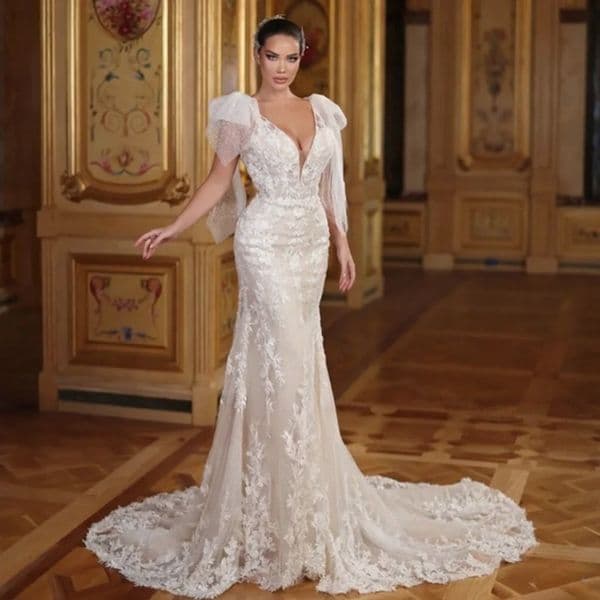Mermaid Wedding Dresses Full Lace Applique V-Neck Sexy Bride Gown Backless Sweep Train Dress Custom Made Color/Size