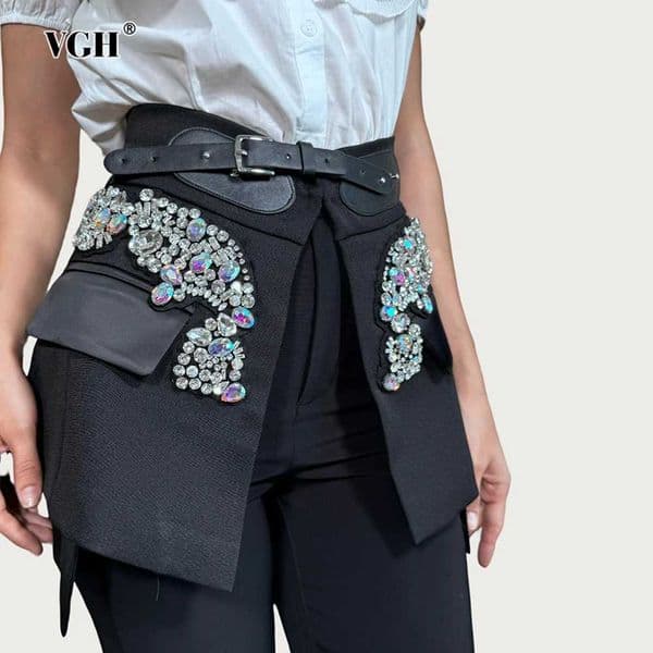 VGH Womens Chic Fashion Black Crystal Embellished Party Skirts High Waist Belted Faux Two Piece Skirt for Dinner Date L260518