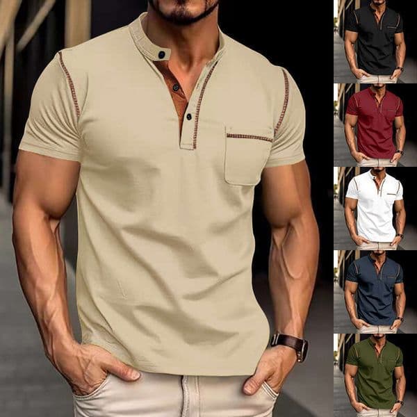 Men's Henry Collar Short Sleeve T-Shirt, Quick-Dry, Breathable, Loose Fit, Casual American Style, Slight Stretch