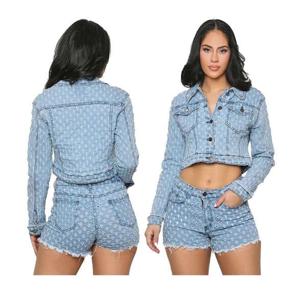 Elegant 2 Piece Clothes for Women Summer Women Long Sleeve V-neck Jeans Top Short Pant Matching Sets Outfits Women Short Sets Luxury
