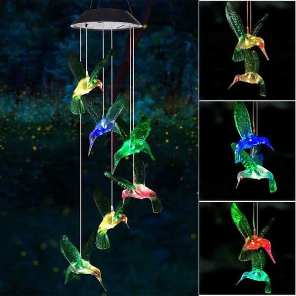 1PC Colorful Gradient Garden LED Wind Chimes Decorated Solar Hummingbird Landscape Garden Lights Decorated Atmosphere L260518