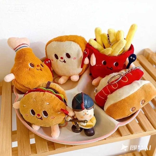 5 PCs Set Creative New French Fries Burger Hanging Bag Couple Plush Hanging Decoration Girl Heart Car Keychain Little Doll L2605184B23