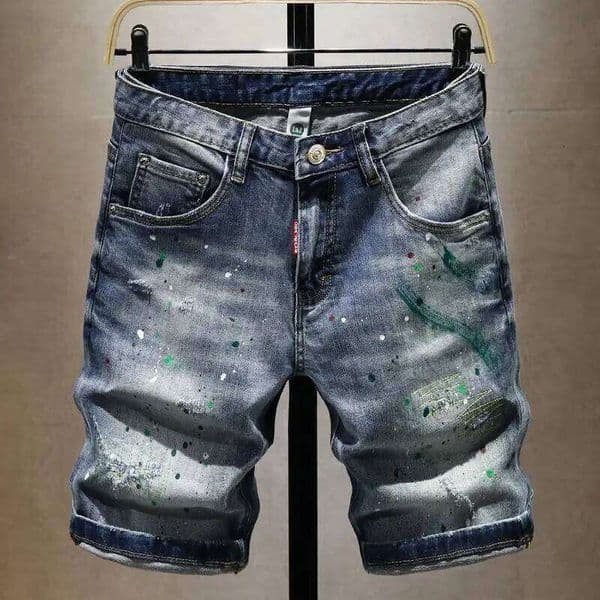 Washed Ripped Denim Trendy Brand Spray Paint Medium Summer Thin Elastic Patch Bermuda Short Pants Men's Jeans Shorts 26L0518