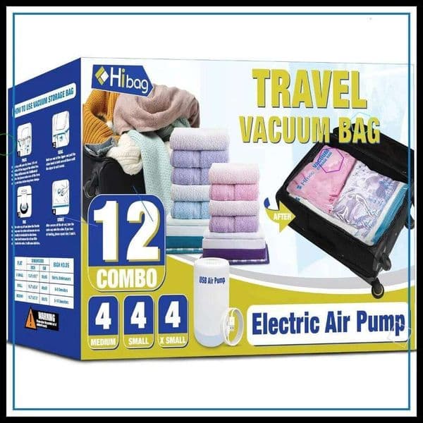 Travel Vacuum with Electric Pump, 12 Pack Compression Packing Bags Luggage, Save Space for Clothes 26W0518