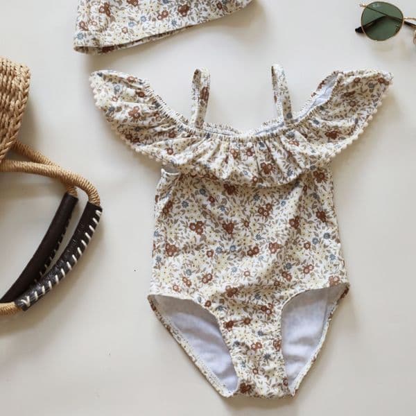 k1636 INS Girls falbala dew shoder swimsuit kids florar ry printed Swimwear bathing suit children SPA beach swimmingJ260530