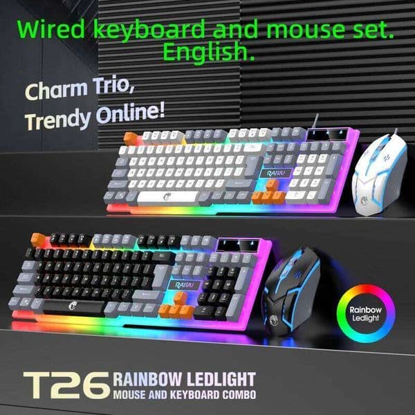 Rainbow LED Backlit Wired Gaming Keyboard And Mouse Combo with 104 Keys 3D Scroll Wheel 1600 DPI USB Interface Ergonomic PC Game 26Y0518