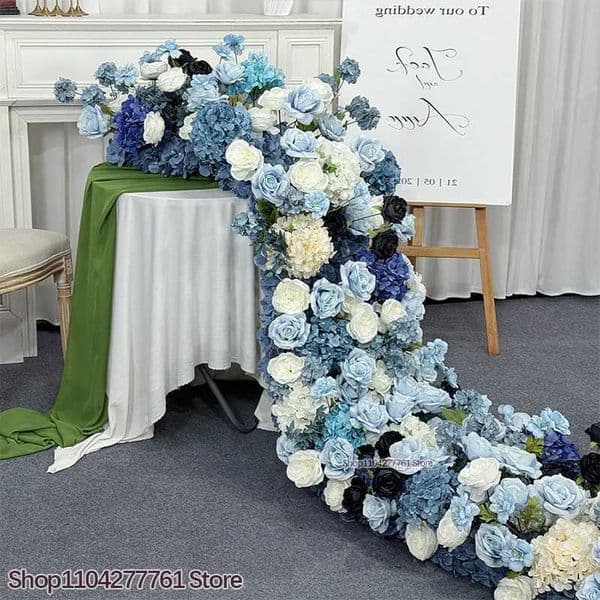 Wedding Decor Artificial Flower Row Arrangement Navy Blue/Light Blue/black Table Runner Flower Party Event Backdrop Wall Layout C260518