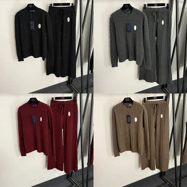 Women's Two Piece Pants Winter Women Knitted Suits 2 Pieces Sets Female Long Sleeved Weater Drawstring High Waisted Casual Wide Leg