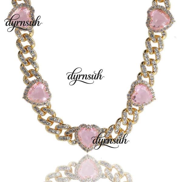 New Heart-Shaped Spliced Necklace Hip Hop Personality 9MM Sweet Pink Moissanite Cuban Chain Hot Girl Accessories