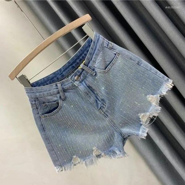 Women's Shorts Female Short Jeans Pants High Waist With Rhinestones Ripped Denim Blue Fashion Clothing 2026 Japanese 2000s Style
