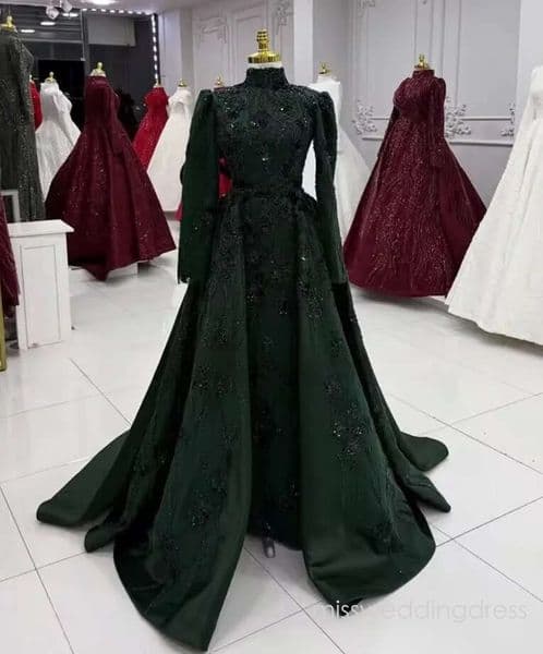 Emerald Green Sparkly Muslim Prom Dresses With Overskirt Floral Beaded High Neck Long Sleeve Henna Evening Gown Customized