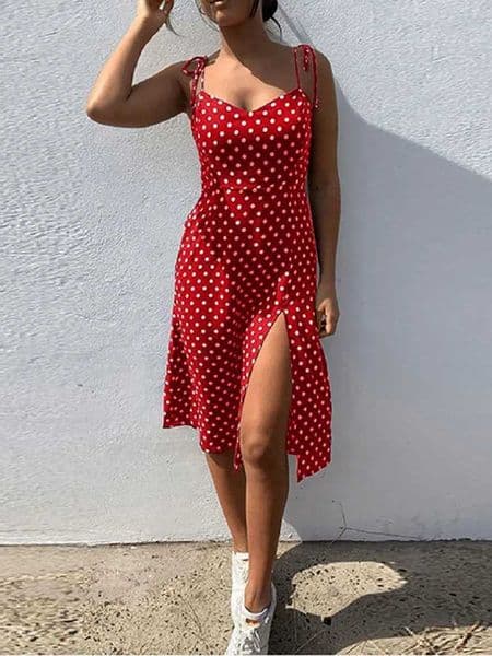 Dresses Sundress Summer Women Causal Polka Dot Sleeveless High Pleated elastic waist V-Neck Beach Dress Vestidos De Verano C2605181