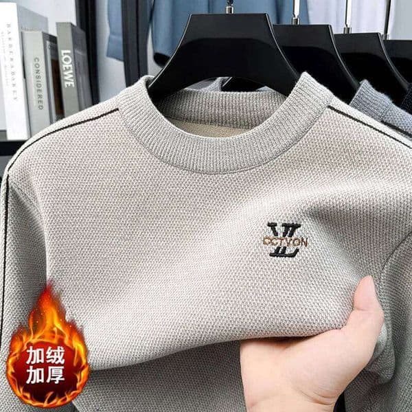 Authentic Men's Winter Warm Round Neck Loose Casual Solid Color Knitted Base Sweater With Added Velvet And Thick Thickness