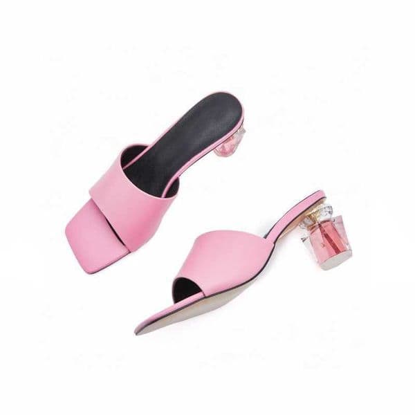 Designer Luxury Multicolor Leather Square Toe Slide Sandals with Crystal Block Heel Women Summer Casual Shoes