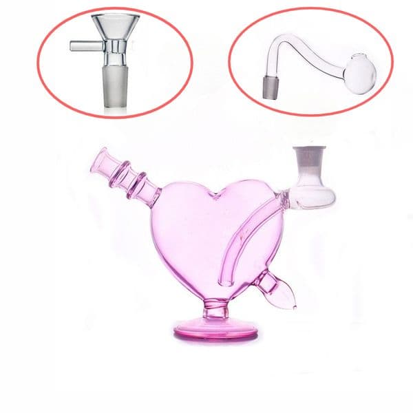 Wholesale Mini Lovely Pink Heart Water Bongs Pipes bubbler Small Hookahs Thick Glass Water oil burner Bong hookahs With 10mm male Smoking Banger bowl