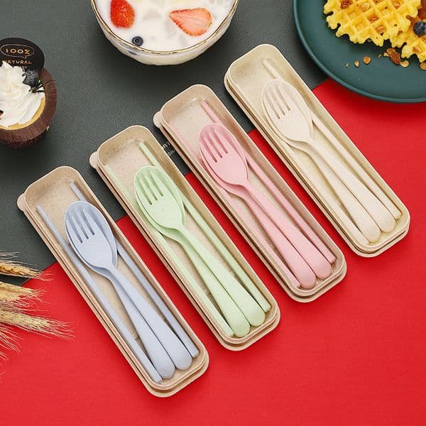 Wheat straw portable tableware set spoon fork chopsticks children's tableware three-piece set promotional small gifts can be printed logo