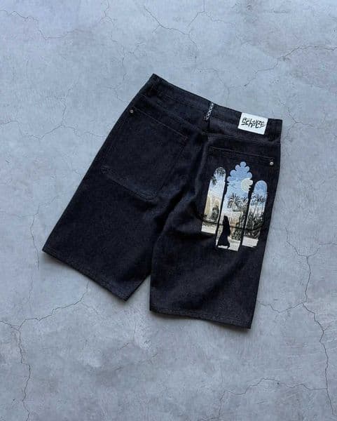 Aziza Y2k Vintage Hip Hop Pattern Pocket Embroidery Denim Shorts Punk Baggy Straight Jeans Short Men Strt Skateboard Jorts T260515