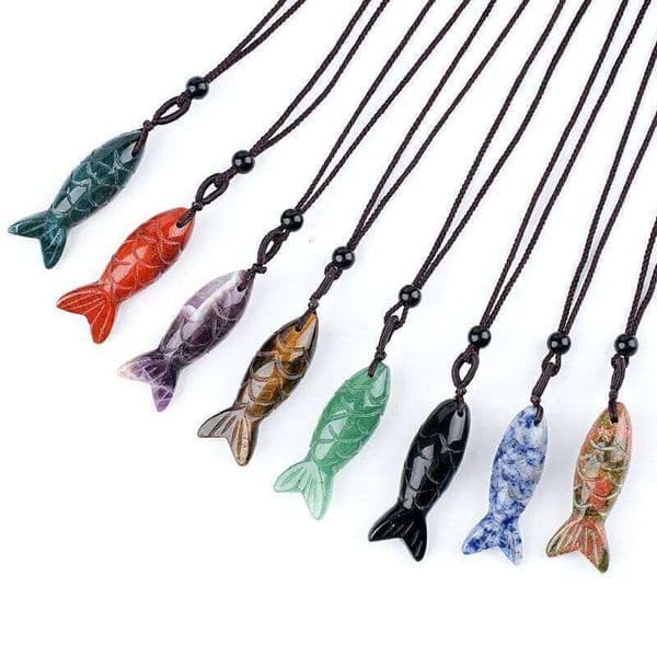 1pc Natural Stone Fish Pendant Women Amethyst Rose Quartz Jasper Crystal Man Adjustable Rope Necklace Jewelry