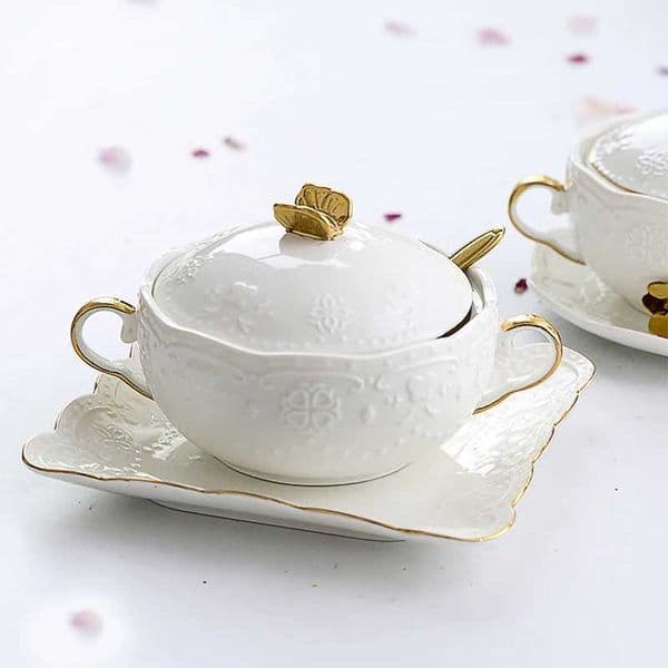 Embossed Ceramic Dessert Soup Bowl White Stew Cup Luxury Gold-plated Exquisite Soup Cup Porridge Bowl Tableware Kitchen Utensils Z260518