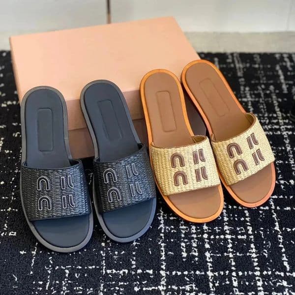 Women Sandal Slipper Designer Slippers Woman Sandals mm Womens Fashion Raffia-effect Woven Fabric Slides White Black Flat Slipper Ladies Summer Beach Indoor Slide