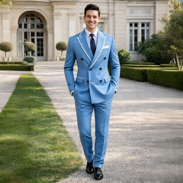 Double Breasted Wedding Tuxedo for Men Suits 2 Pieces Sky Blue Formal Slim Fit Blazer Pants Set for Groom Prom Party 2026