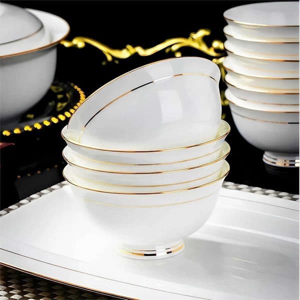 Ceramic Soup Bowls 10 oz Gold Rim Small Bowls Premium Bone China Set of 5 Microwave Safe Z260518