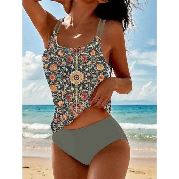 Women's Printed Boho Tankini Set High-Waist Two-Piece Swimsuit with Sexy Triangle Bottoms Stylish & Unique Summer Beach Swimwear 26Y0518