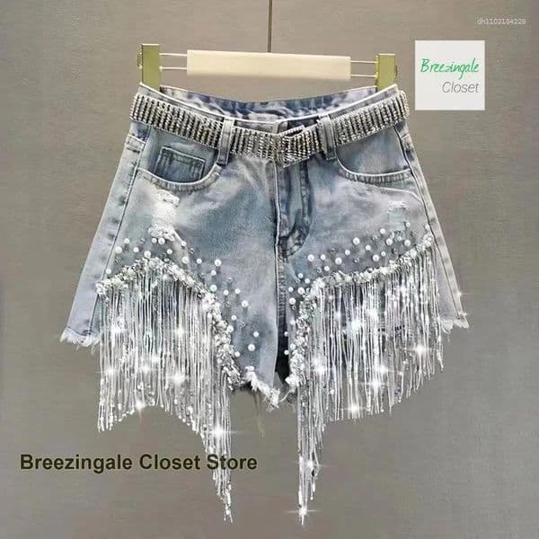 Women's Shorts American Heavy Industry Full Rhinestone Denim Summer High Waist Fashion Slim Beaded Tassels Ripped Jeans.