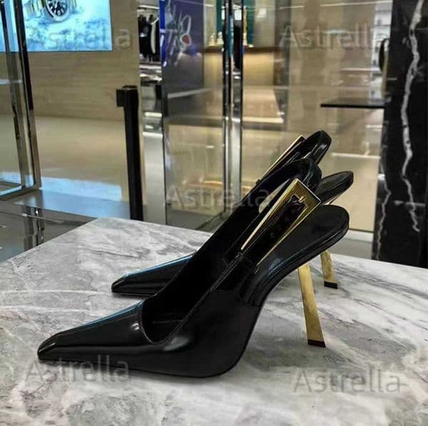 Black pointed high heels womens slim heels 2024 new stylish patent leather sexy single shoes French sandals T260518