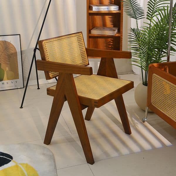 Nordic High-End Vintage Chandigarh Chair, Wabi-Sabi Solid Wood & Rattan Dining Chair with Backrest and Armrests