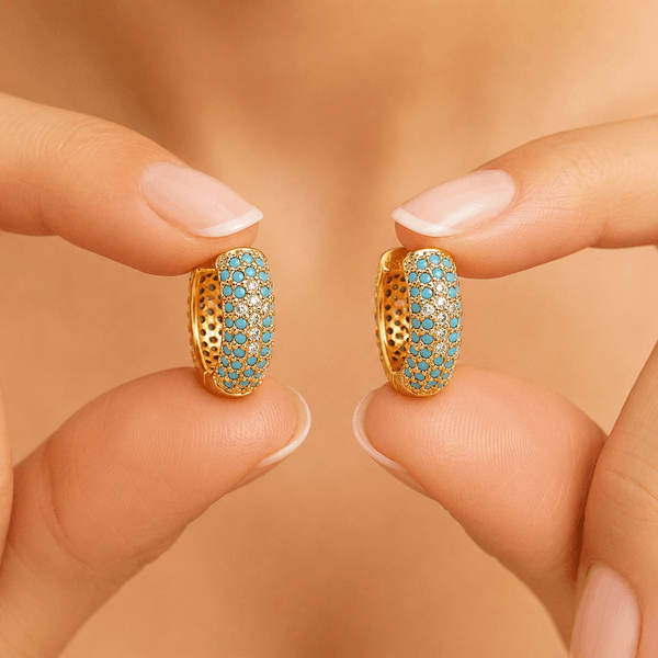 Vintage Turquoise Huggie Hoop Earrings 18K Gold Plated Pave CZ Stone Boho Ethnic Small Hoop Earrings for Women