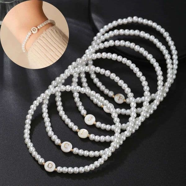 Dainty Letter Initial For Bead Faux Pearl Fashion Women link Bracelet Strand Wristband Jewelry WomenGift