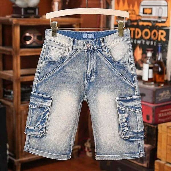 Summer stretch retro multi-pocket cargo denim shorts for men, loose fit, plus size 26L0518