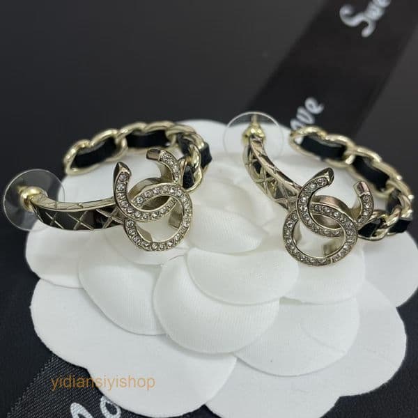 Designer Jewelry cc earrings double C letter inlaid diamonds unique diamond pattern black leather hoop earrings channel earrings
