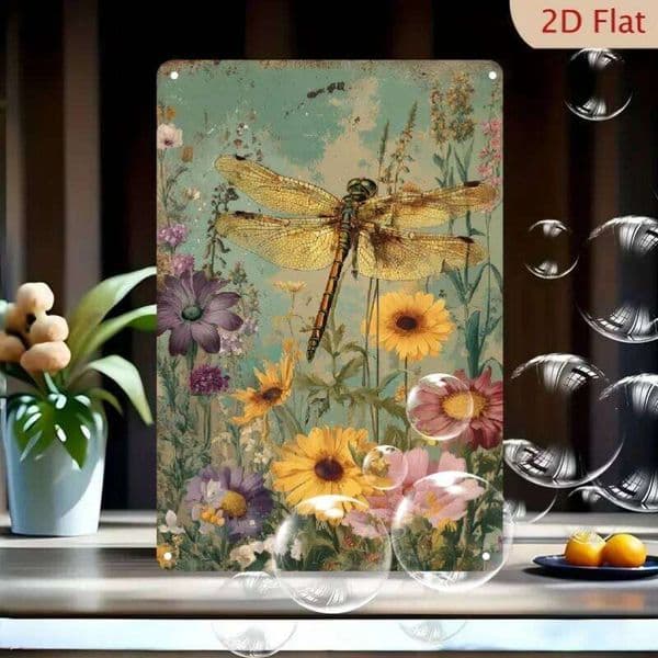 Vintage Dragonfly and Floral Metal Tin Sign Rustic Garden Wall Decor for Cafe Home Patio 8x12 Inch 26Y0518