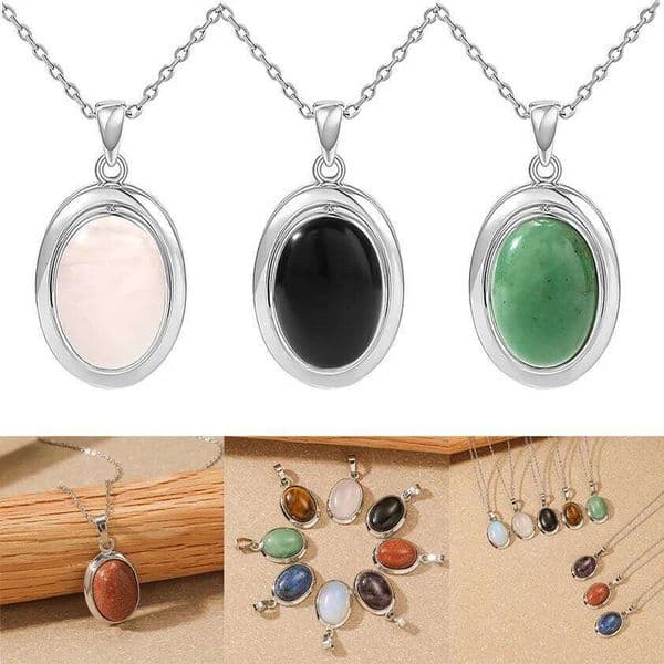 Crytral for Womens Pendant Natural Stone Elliptic Silver Plated Necklace Classic Jewelry Gift
