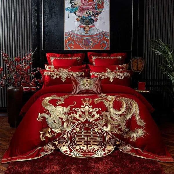 Luxury Designer Luxury Dragon Phoenix Embroidery Duvet Set 100%Cotton Chinese Wedding Red Bedding Bed Sheet Pillow art Cover Queen King Size Free Shipping 02