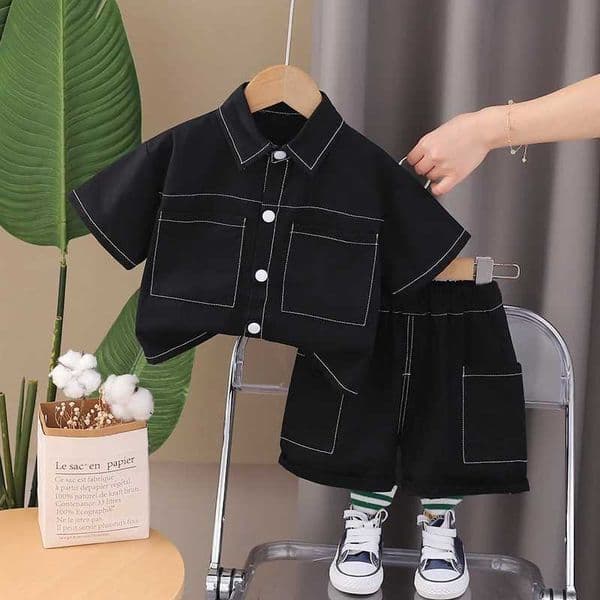 Kids Boy Summer Clothes Solid Worker Wear Children Clothing Boy Short Sleeve Cartoon T-Shirts Short Pants Tracksuit Suit SetL260518G1KW