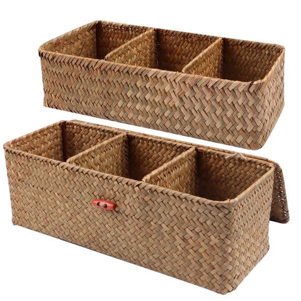 Hand Woven Storage Baskets With Lid Dust Clothing Storage-Box Rectangular Wardrobe Container Sundries Organizer 3 Grids C260518
