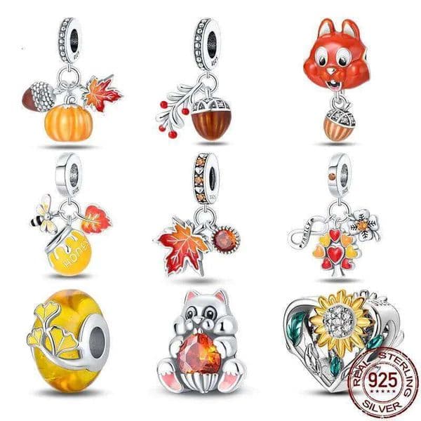 100% Real S925 Sterling Silver Autumn Maple Squirrel Charms Fit Original Pan Bracelet For Women Birthday Fine Jewelry Gift