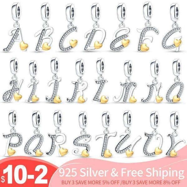 Zircon Heart Pendant English 26 Letter A-Z Charm Bead Fit Pan Original Bracelet 925 Silver Women Jewelry Gift New in