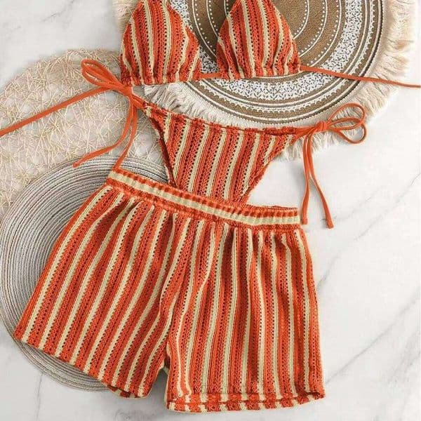 2026 new style boxer shorts mesh three-piece women's swimsuit neck lace-up bikini set 26Y0518