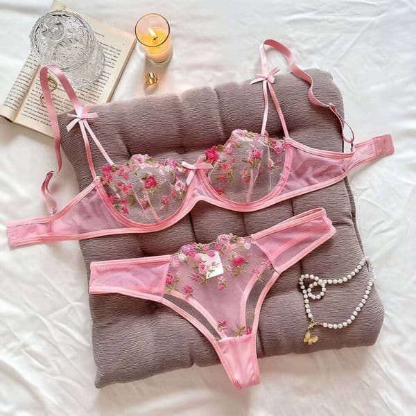 Women Pink Erotic Alluring Transparent Lingerie Sexy Underwear Lace Semi Temptation Embroidery Thin Bra Set