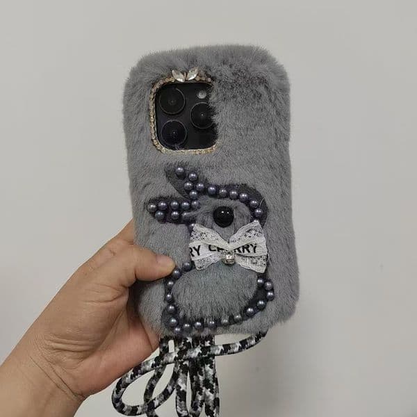 Fluffy Rabbit Phone Case with Crossbody Strap