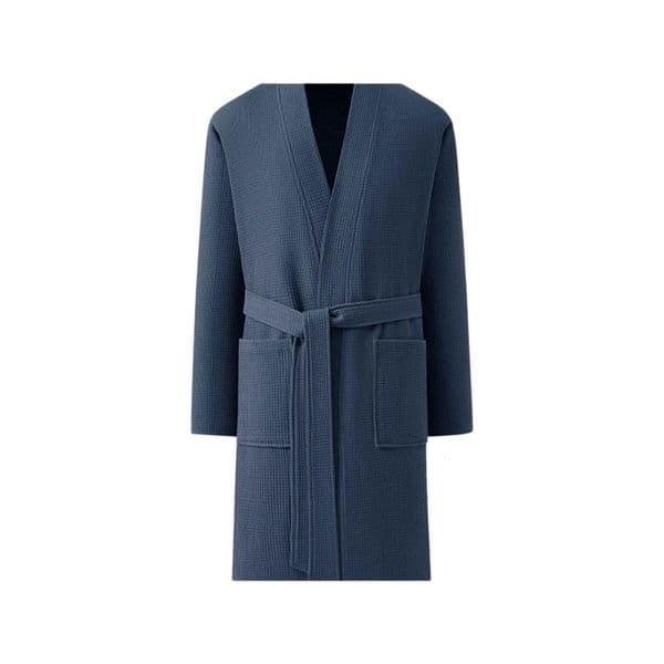 2026 Premium Mens Bathrobe 100 Cotton Weave In Sapphire Blue With V-Neck Tie Belt Luxury Waffle Kimono Robe - Breathable Free Shipping
