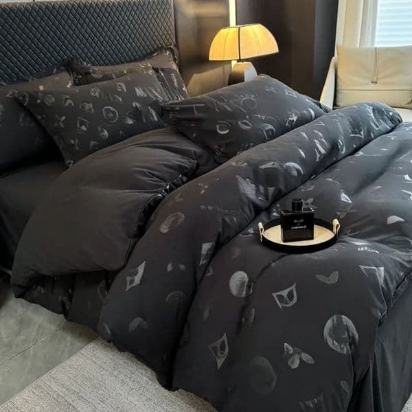 art Luxury Designer Black Four-Piece Set Washed Cotton Brushed Sheet Duvet Cover Bed Skirt Men's High-End Bedding Free Shipping 08
