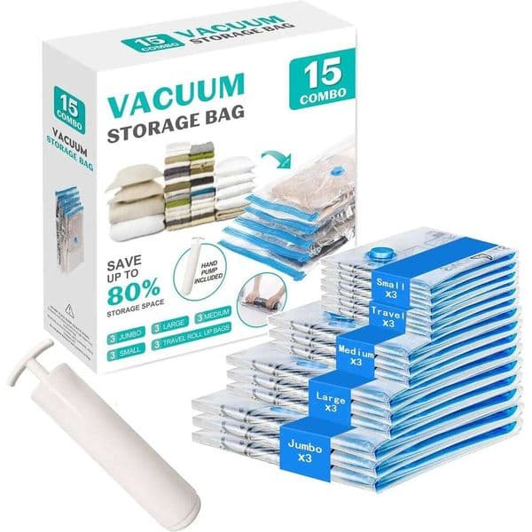 15 Pack Vacuum Storage Bags with Hand Pump for Clothes, Travel, Blankets - Space Saver Set in Multiple Sizes 26W0518
