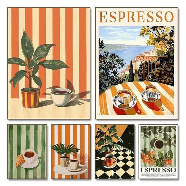 1pc Frameless Retro Coffee Printing,Warm Stripes,Food and Beverage Kitchen Poster,Restaurant Art,Coffee Lover Gift,Minimalist 26W0518